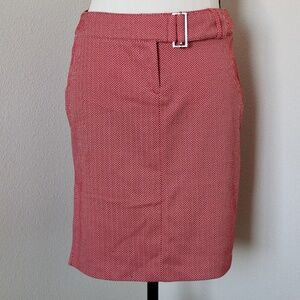 Red & White Chevrom Print Attached Belt Mod Midi Skirt